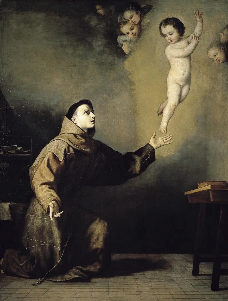 Aparición del Niño Jesús a San Antonio de Padua, cuadro de José de Ribera en la Real Academia de San Fernando (dominio público)