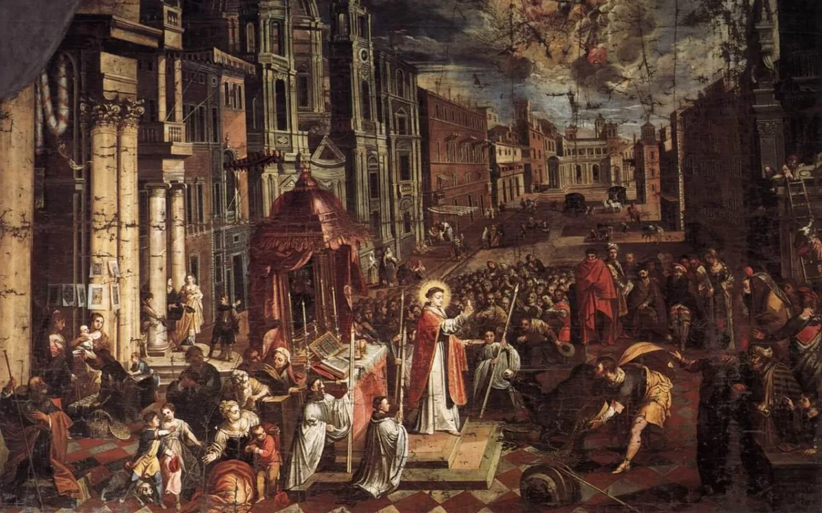 El milagro de la mula que se arrodilla ante San Antonio, cuadro de Joseph Heintz el Joven (dominio público)