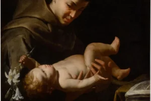 San Antonio de Padua sostiene al Niño Jesús, pintura de Bernardo Cavallino