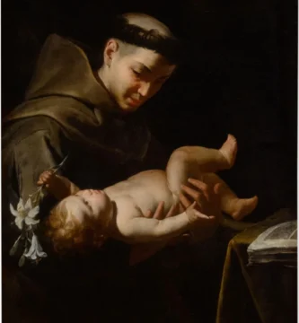 San Antonio de Padua sostiene al Niño Jesús, pintura de Bernardo Cavallino