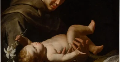 San Antonio de Padua sostiene al Niño Jesús, pintura de Bernardo Cavallino