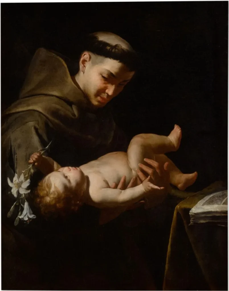 San Antonio de Padua sostiene al Niño Jesús, pintura de Bernardo Cavallino