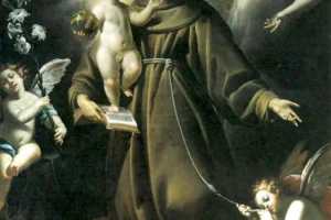 San Antonio de Padua recibe al Niño Jesús entre ángeles, pintura de Giovanni Giacomo Barbelli