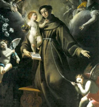San Antonio de Padua recibe al Niño Jesús entre ángeles, pintura de Giovanni Giacomo Barbelli