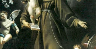 San Antonio de Padua recibe al Niño Jesús entre ángeles, pintura de Giovanni Giacomo Barbelli