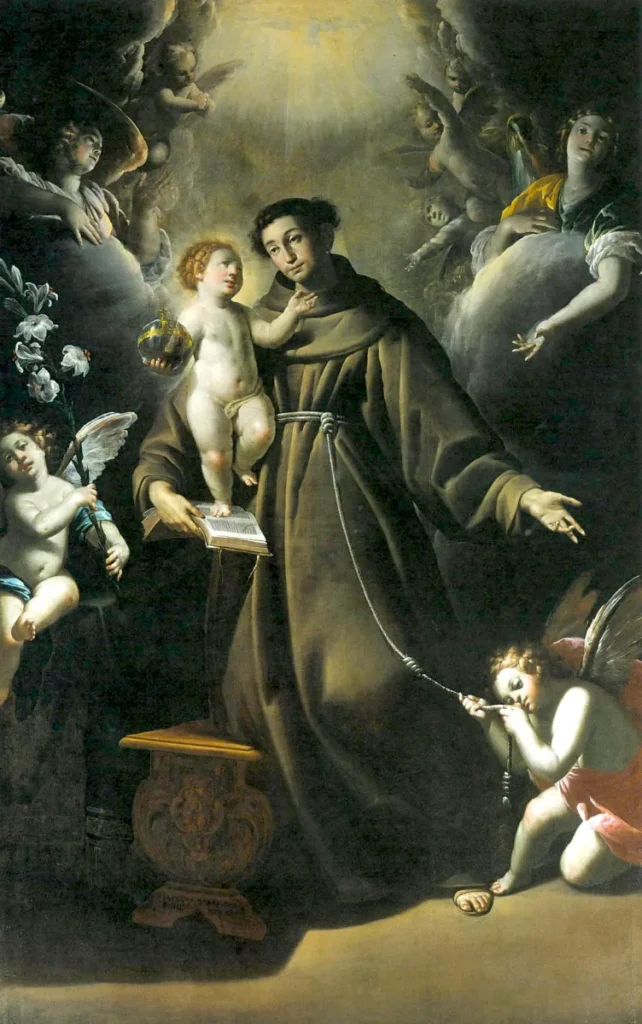 San Antonio de Padua recibe al Niño Jesús entre ángeles, pintura de Giovanni Giacomo Barbelli