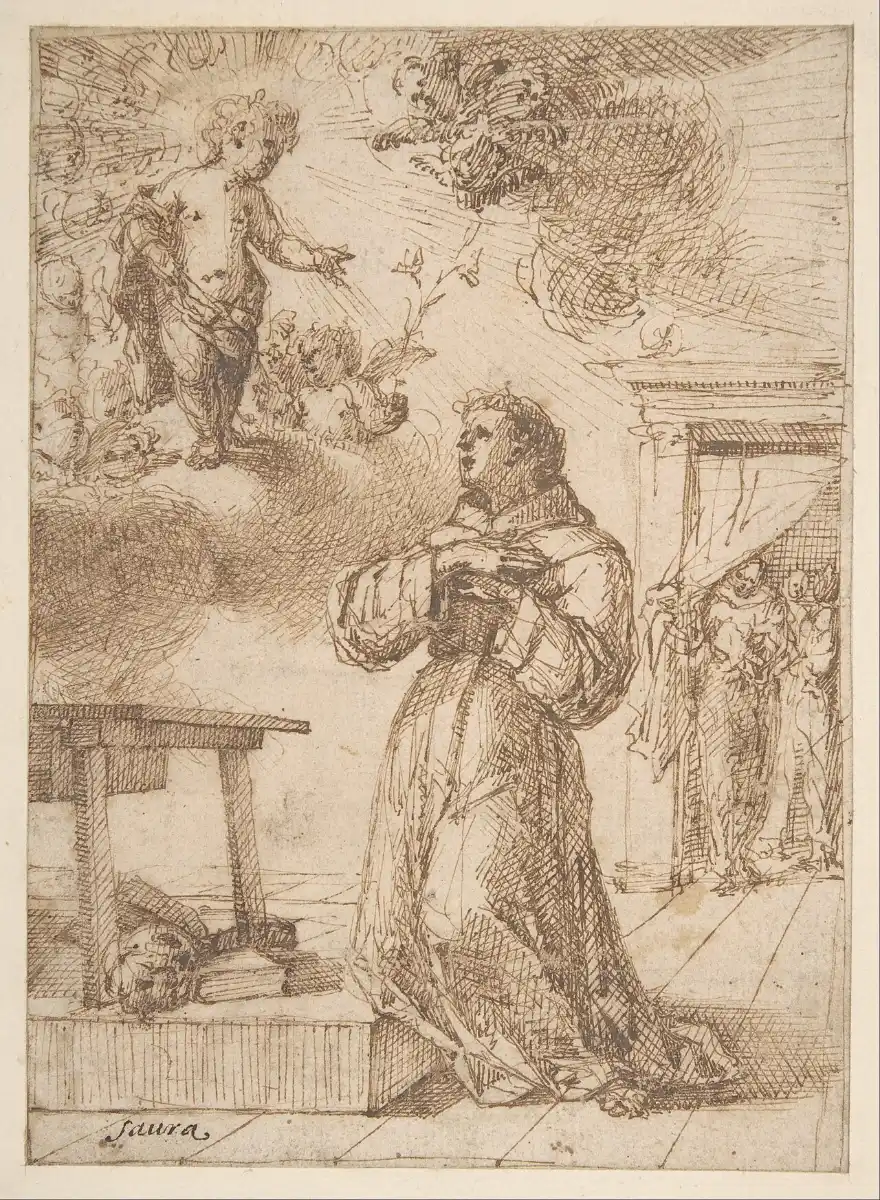 Dibujo antiguo de la visión de San Antonio de Padua rezando de rodillas